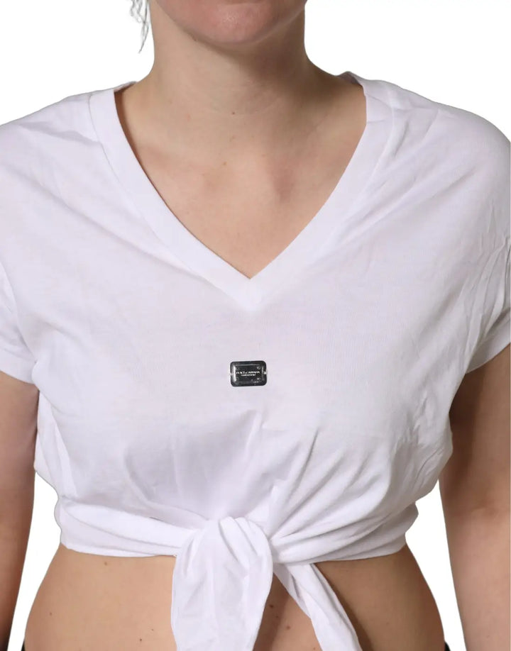 Dolce &amp; Gabbana White Logo Embroidered TieWaist Cropped Top