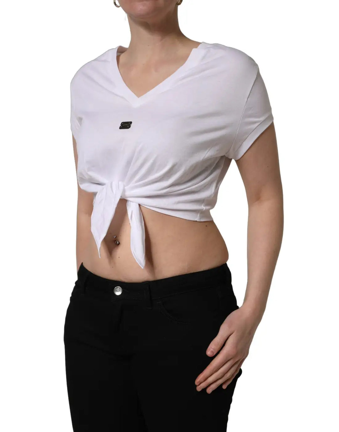 Dolce &amp; Gabbana White Logo Embroidered TieWaist Cropped Top
