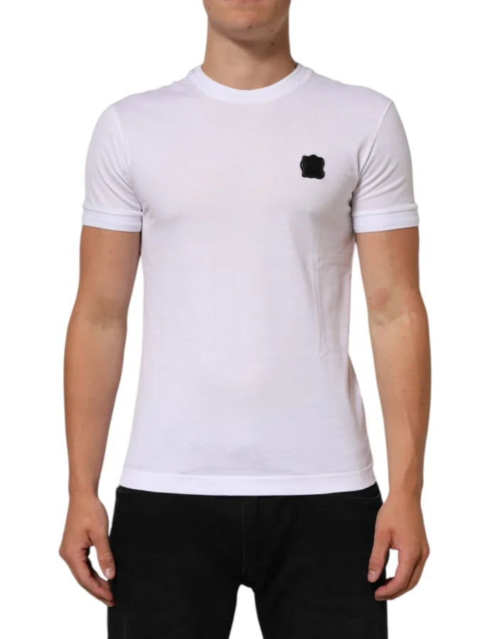 Dolce &amp; Gabbana White Logo Patch Cotton Crew Neck T-shirt