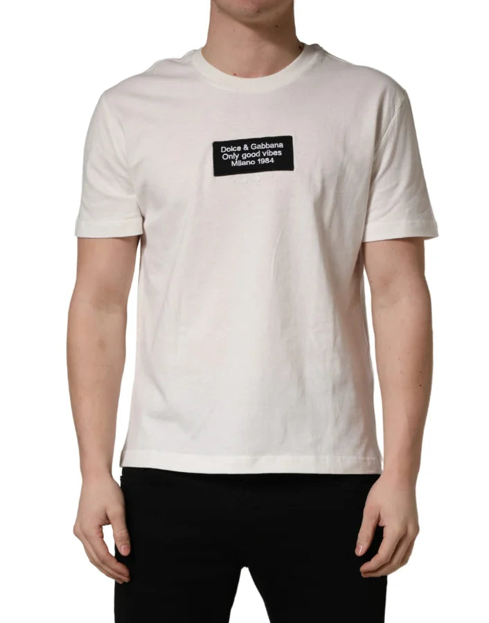 Dolce & Gabbana White Logo Patch Cotton Men Crew Neck T-shirt