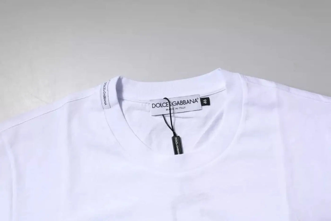 Dolce &amp; Gabbana White Logo Plaque Cotton Crew Neck T-shirt