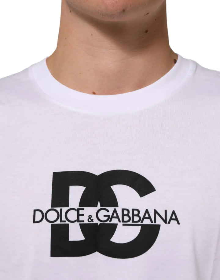 Dolce &amp; Gabbana White Logo Print Cotton Crew Neck Men T-shirt