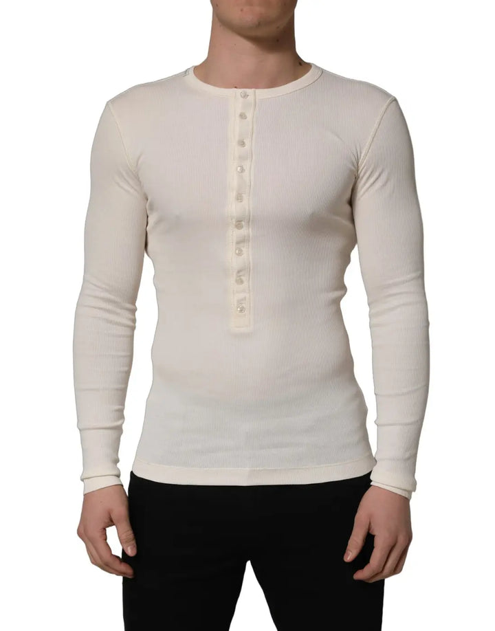 Dolce &amp; Gabbana White Long Sleeves Henley Pullover Sweater