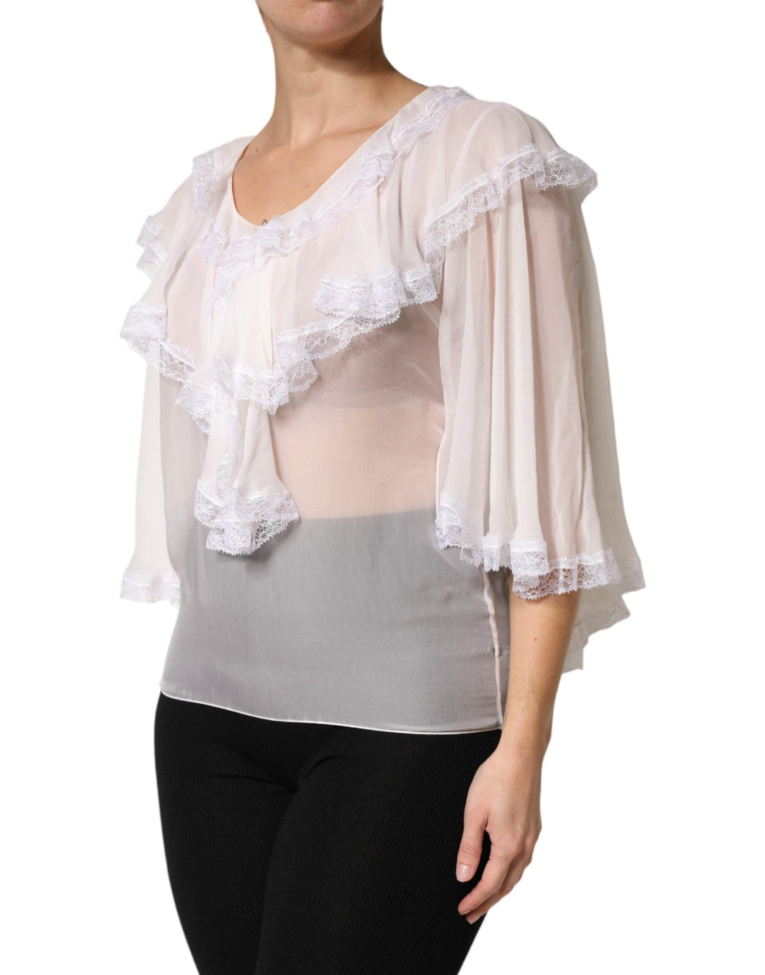 Dolce &amp; Gabbana Blouses - Women’s White Longsleeve Lace Trim Ruffled Blouse Top