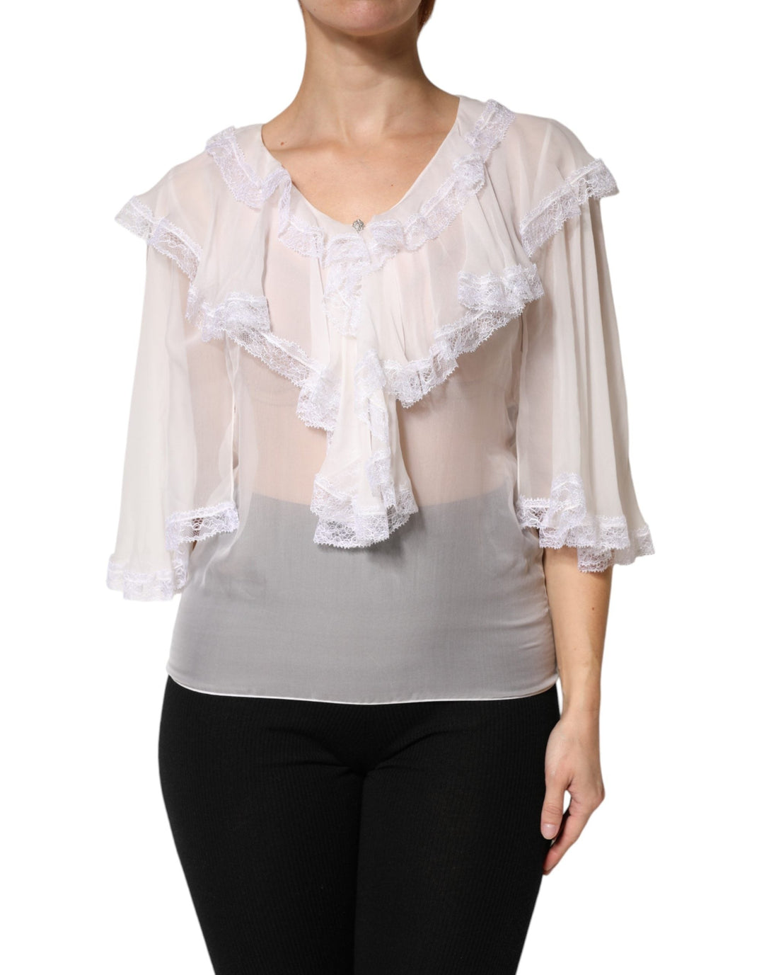 Dolce &amp; Gabbana Blouses - Women’s White Longsleeve Lace Trim Ruffled Blouse Top