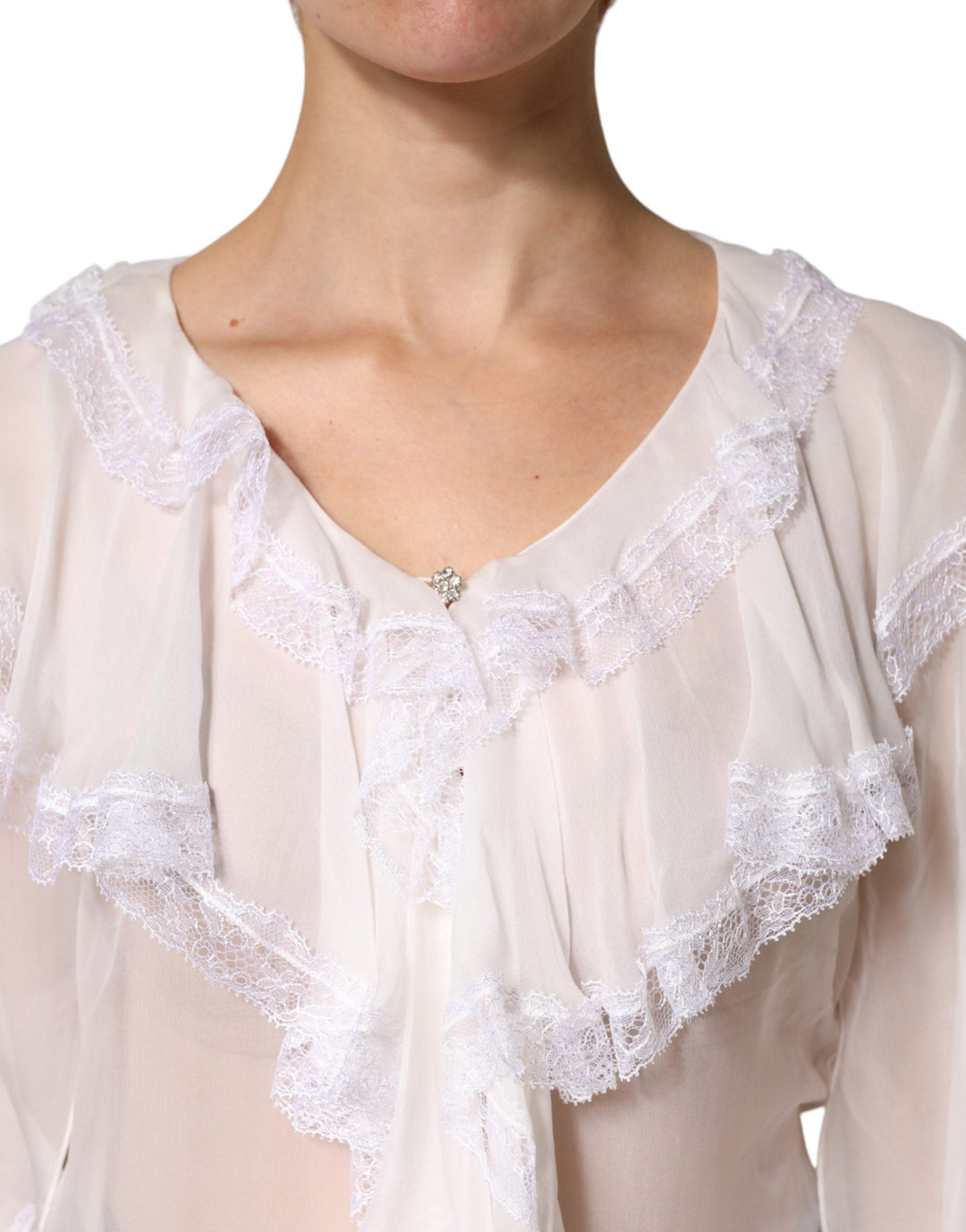 Dolce &amp; Gabbana Blouses - Women’s White Longsleeve Lace Trim Ruffled Blouse Top