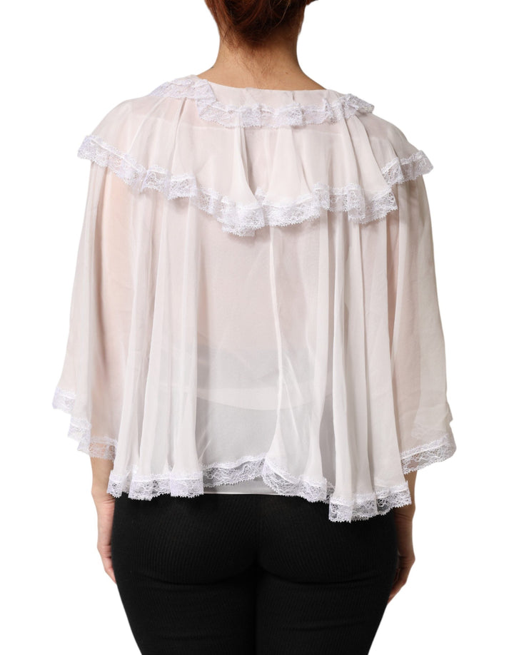 Dolce &amp; Gabbana Blouses - Women’s White Longsleeve Lace Trim Ruffled Blouse Top