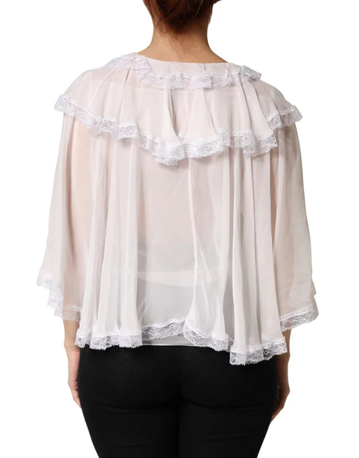 Dolce &amp; Gabbana White LongSleeve Lace Trim Ruffled Blouse Top