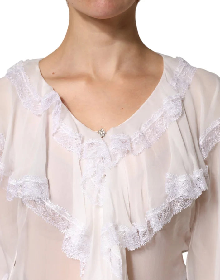 Dolce &amp; Gabbana White LongSleeve Lace Trim Ruffled Blouse Top