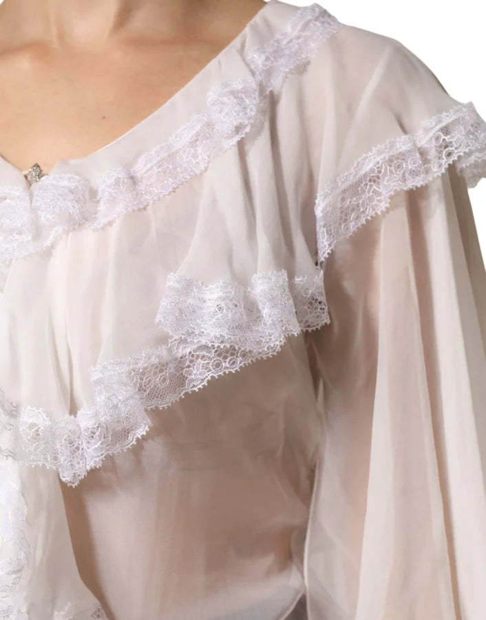 Dolce &amp; Gabbana White LongSleeve Lace Trim Ruffled Blouse Top
