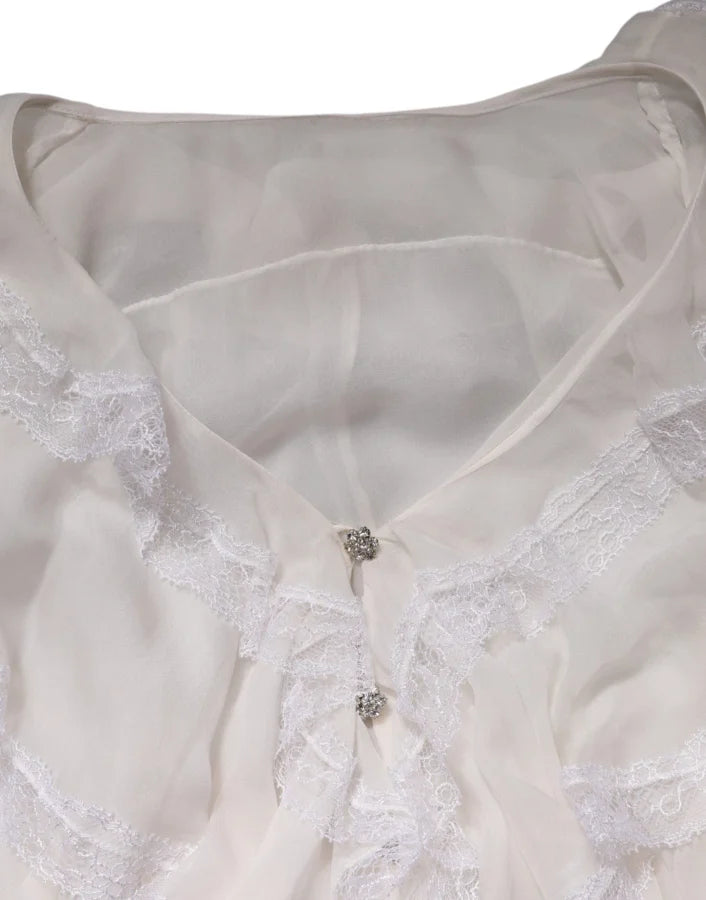 Dolce &amp; Gabbana White LongSleeve Lace Trim Ruffled Blouse Top