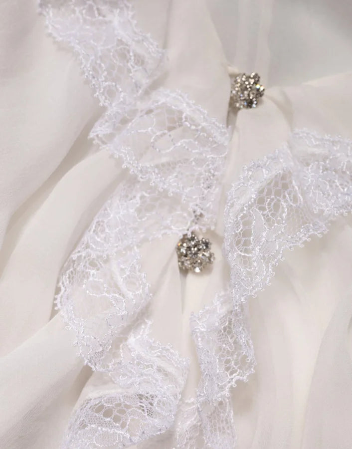 Dolce &amp; Gabbana White LongSleeve Lace Trim Ruffled Blouse Top