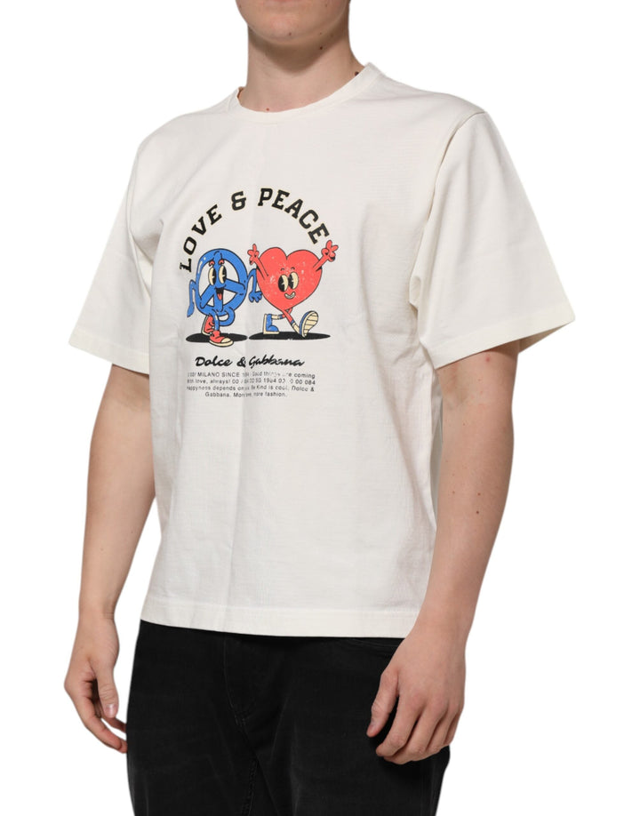 Dolce &amp; Gabbana White Love Peace Cotton Men Crew Neck T-shirt