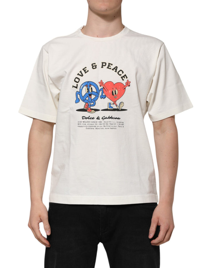 Dolce &amp; Gabbana White Love Peace Cotton Men Crew Neck T-shirt