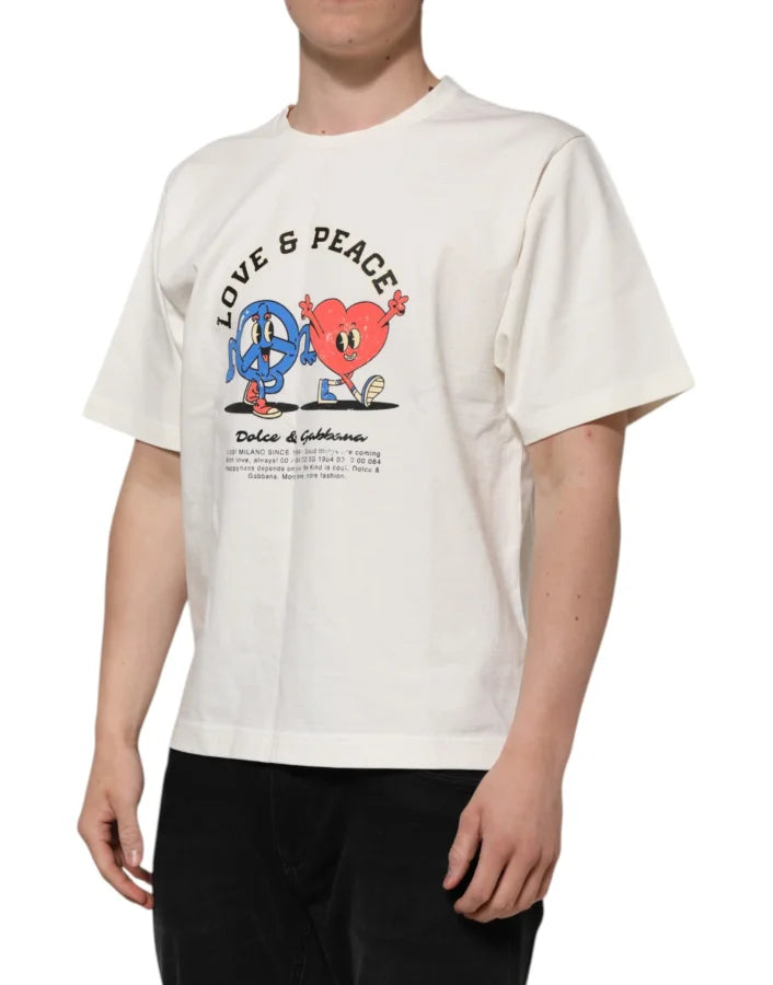 Dolce & Gabbana White Love Peace Cotton Men Crew Neck T-shirt