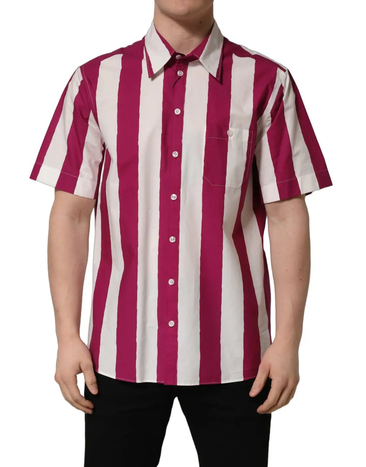 Dolce &amp; Gabbana White Maroon Striped Men Short Sleeves Shirt