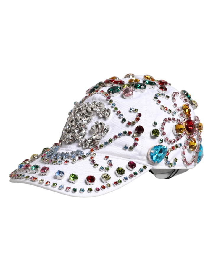 Dolce &amp; Gabbana White Multicolor Crystal Embellish Baseball Cap