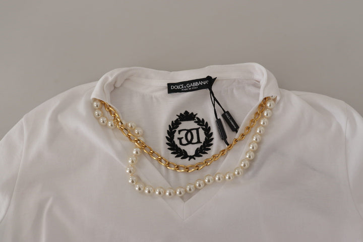 Dolce &amp; Gabbana - White Necklace Embellished Neckline T-shirt Top