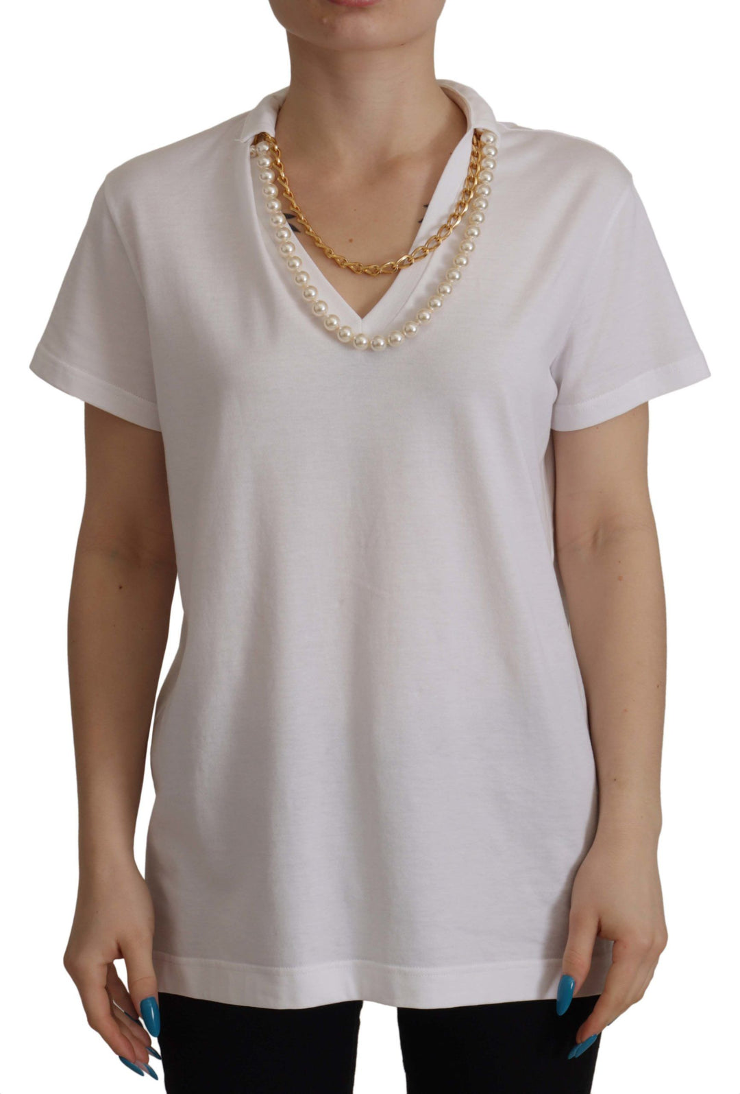 Dolce &amp; Gabbana - White Necklace Embellished Neckline T-shirt Top