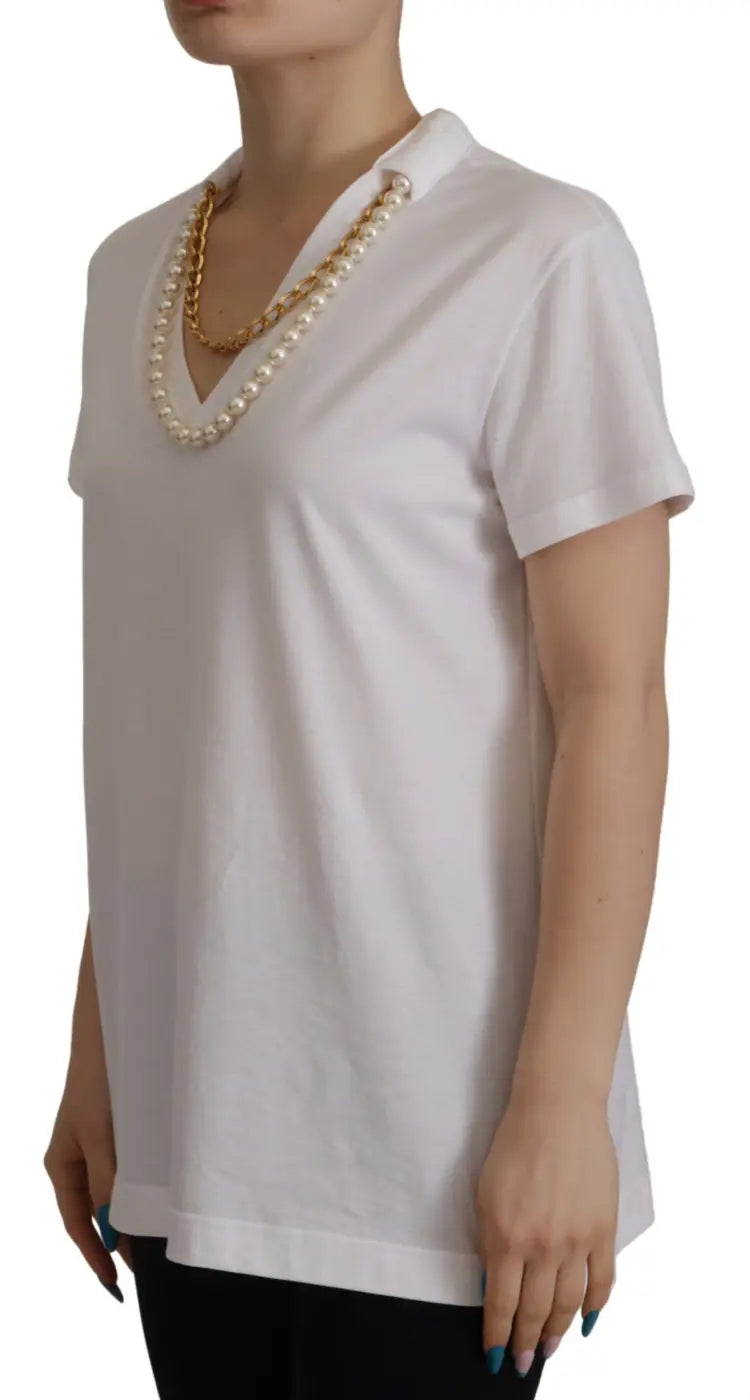 Dolce &amp; Gabbana White Necklace Embellished Neckline T-shirt Top