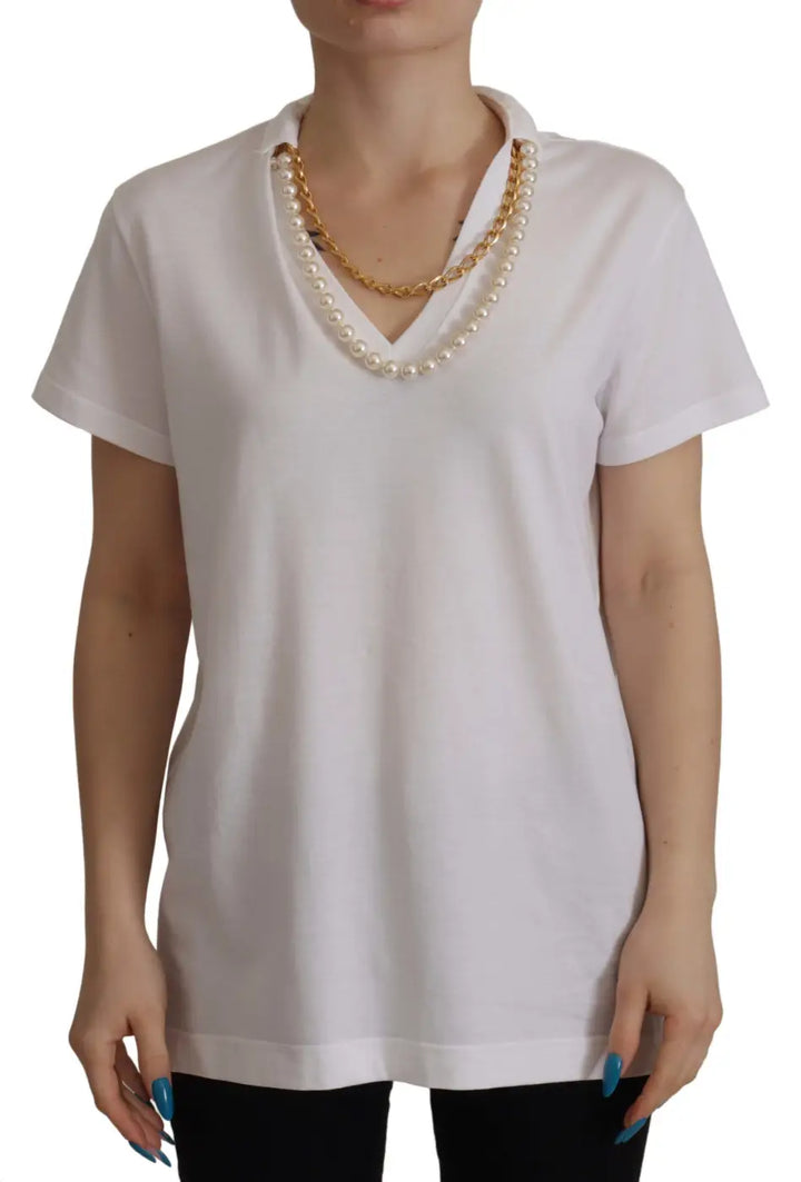 Dolce &amp; Gabbana White Necklace Embellished Neckline T-shirt Top