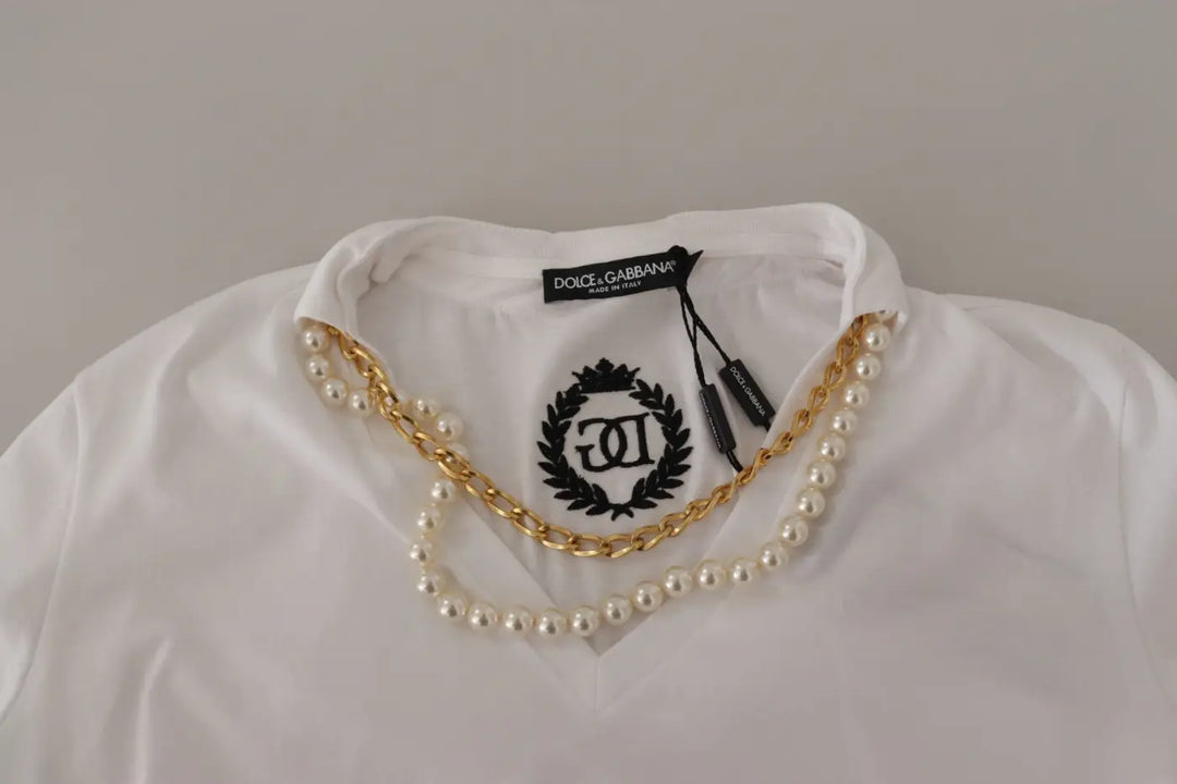 Dolce &amp; Gabbana White Necklace Embellished Neckline T-shirt Top