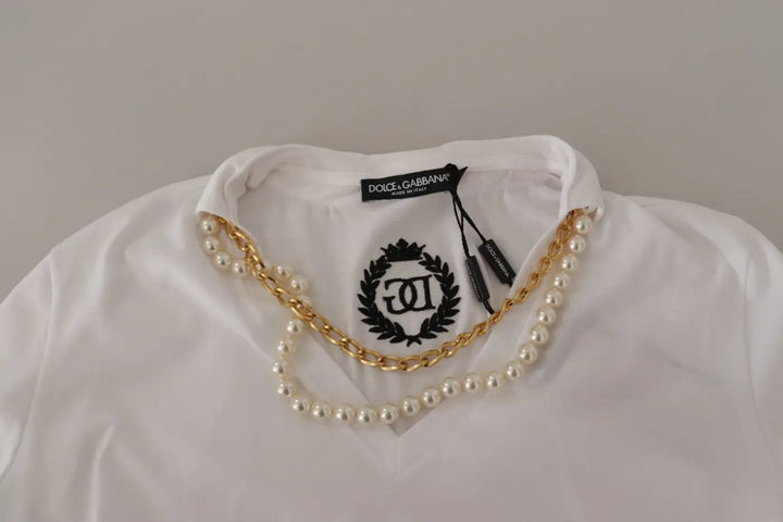 Dolce &amp; Gabbana White Necklace Embellished Neckline T-shirt Top