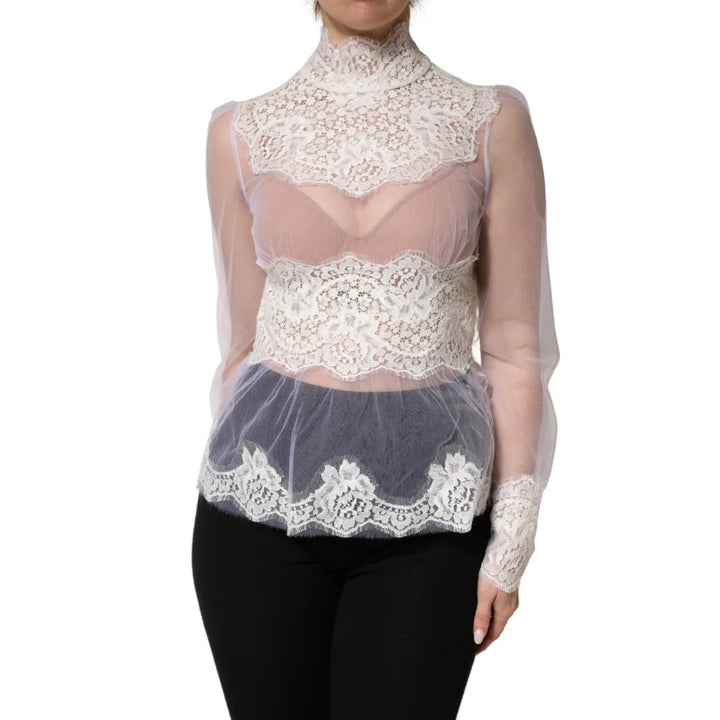 Dolce &amp; Gabbana White Nylon Lace Tulle Sheer Long Sleeve Top