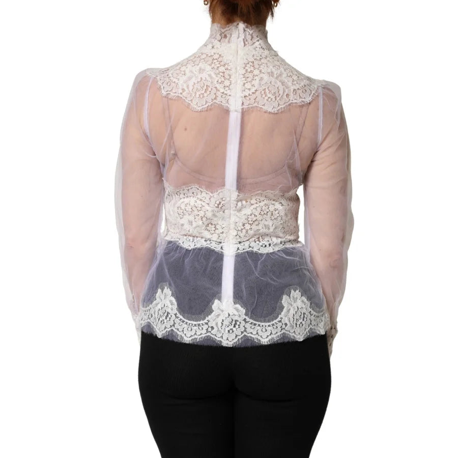 Dolce &amp; Gabbana White Nylon Lace Tulle Sheer Long Sleeve Top