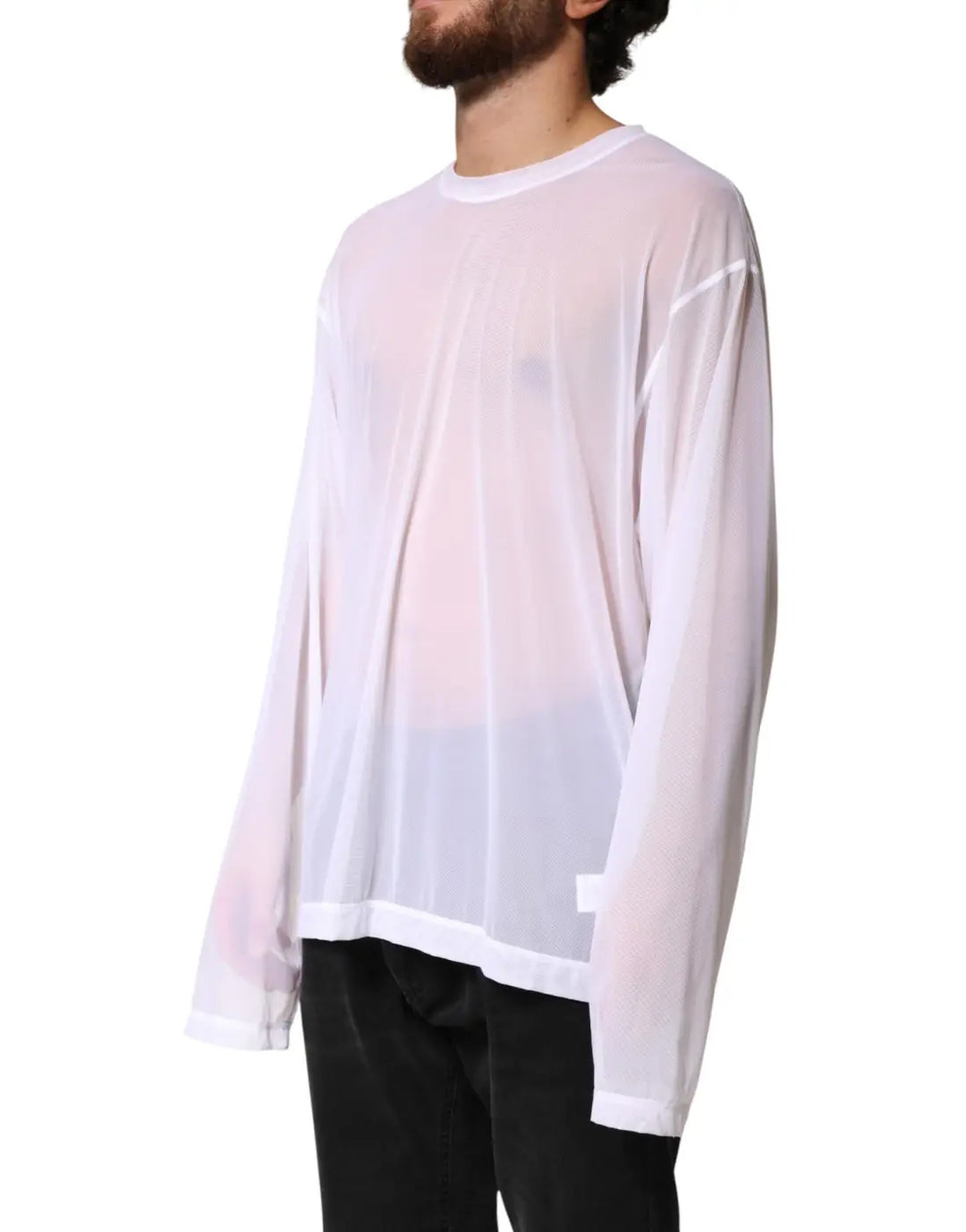 Dolce &amp; Gabbana White Nylon Long Sleeves Crewneck T-Shirt
