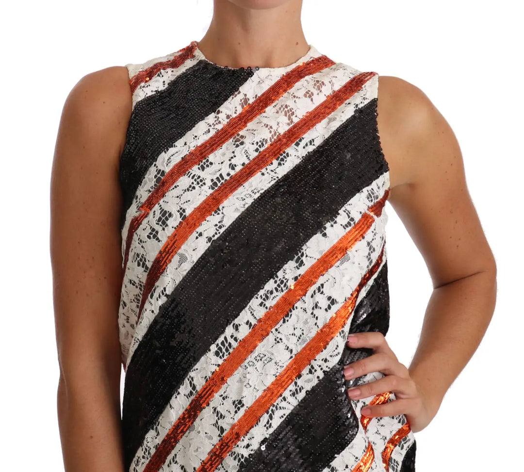 Dolce &amp; Gabbana White and orangeSequin Floral Lace Embellished Shift dress
