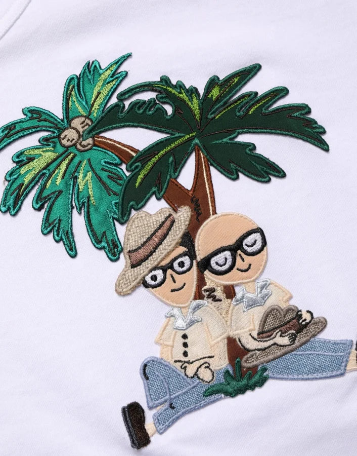 Dolce & Gabbana White Palm Embroidered Men Crew Neck T-shirt