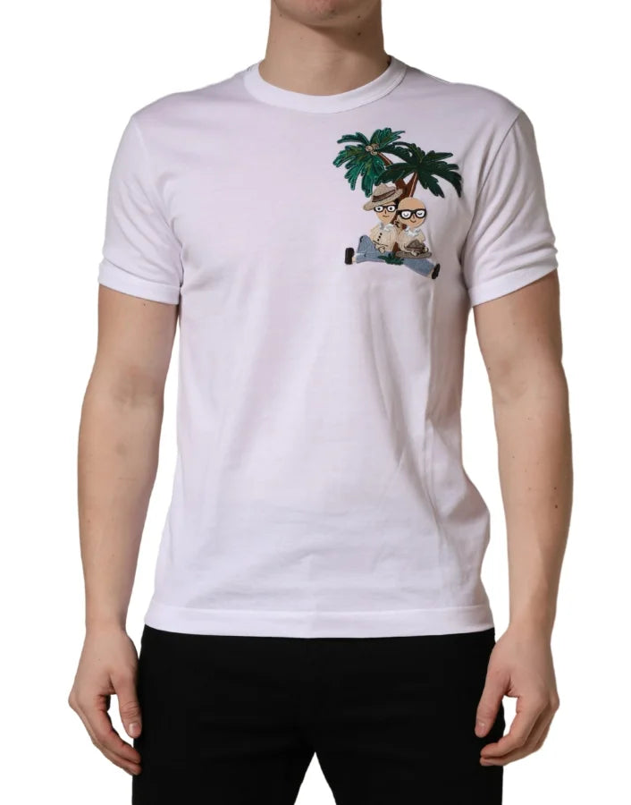 Dolce & Gabbana White Palm Embroidered Men Crew Neck T-shirt