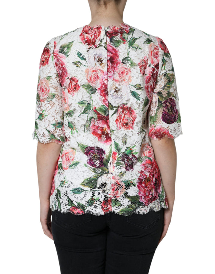Dolce &amp; Gabbana - White Peony Lace Short Sleeves Blouse Top