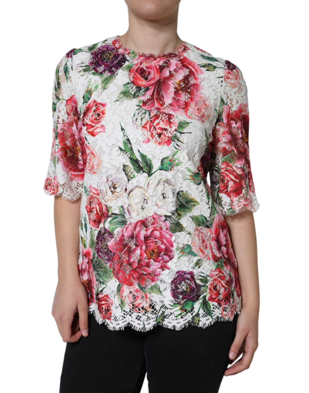 Dolce &amp; Gabbana - White Peony Lace Short Sleeves Blouse Top