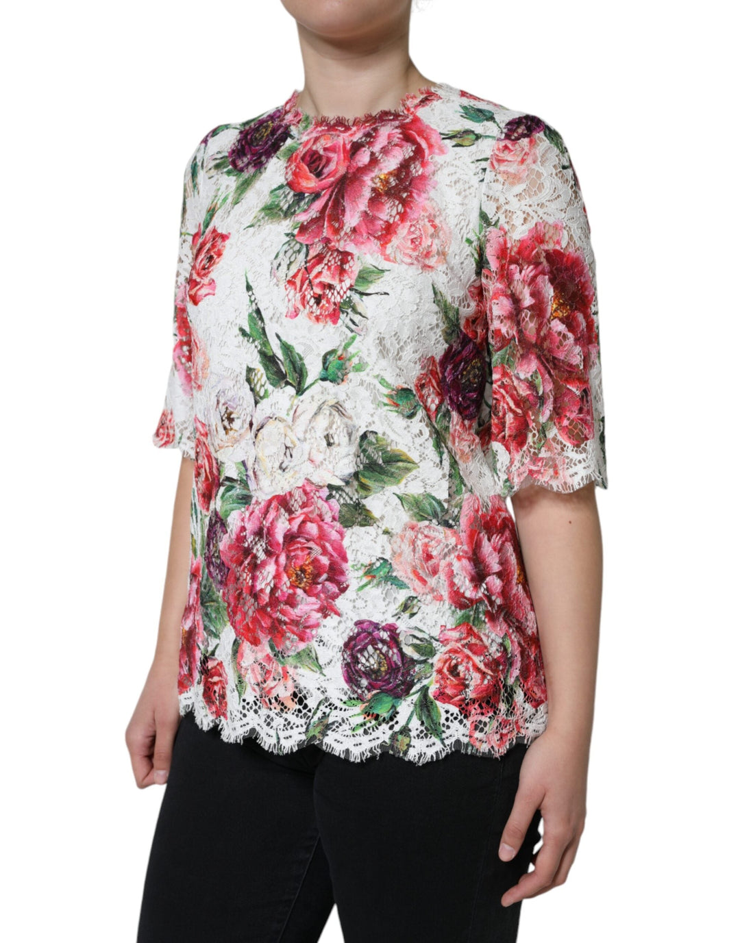 Dolce &amp; Gabbana - White Peony Lace Short Sleeves Blouse Top