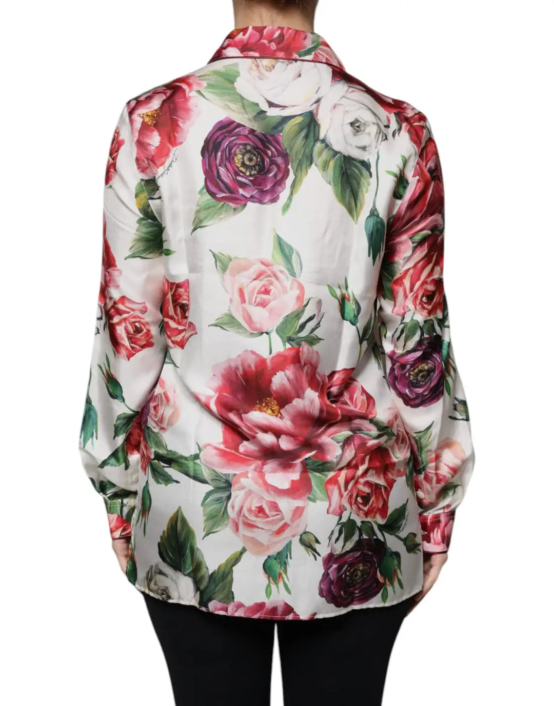 Dolce &amp; Gabbana White Peony Silk Long Sleeves Collared Blouse Top