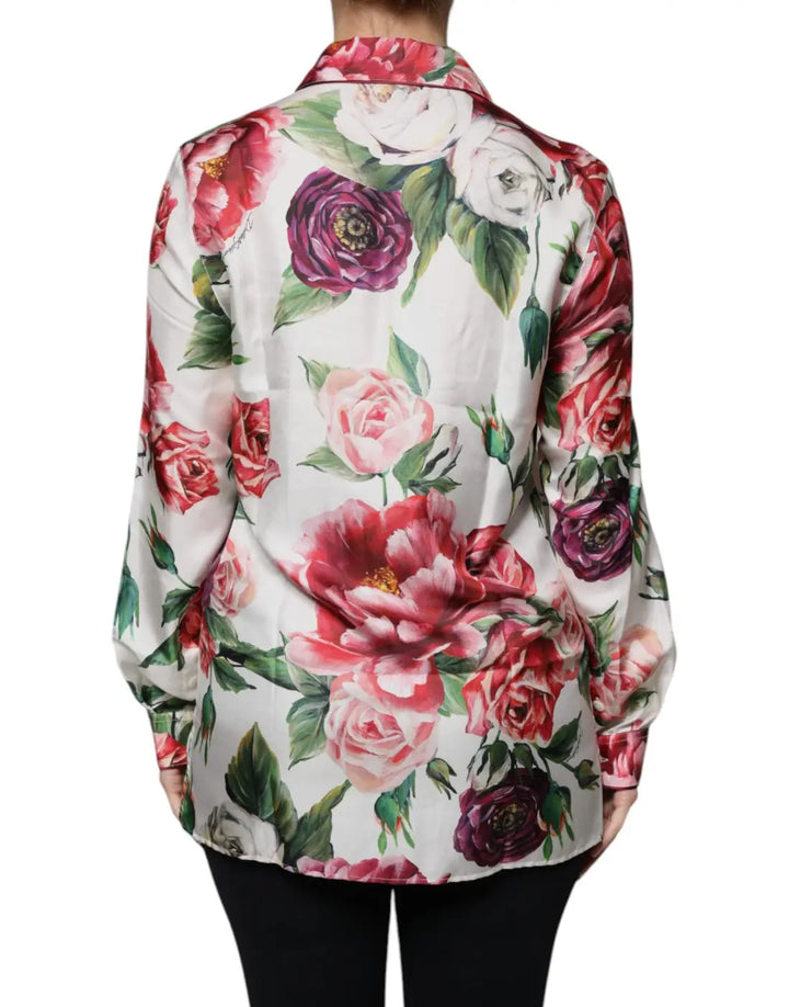 Dolce &amp; Gabbana White Peony Silk Long Sleeves Collared Blouse Top