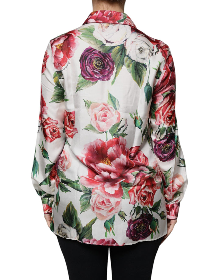 Dolce &amp; Gabbana Blouses - Women’s White Peony Silk Long Sleeves Collared Blouse Top