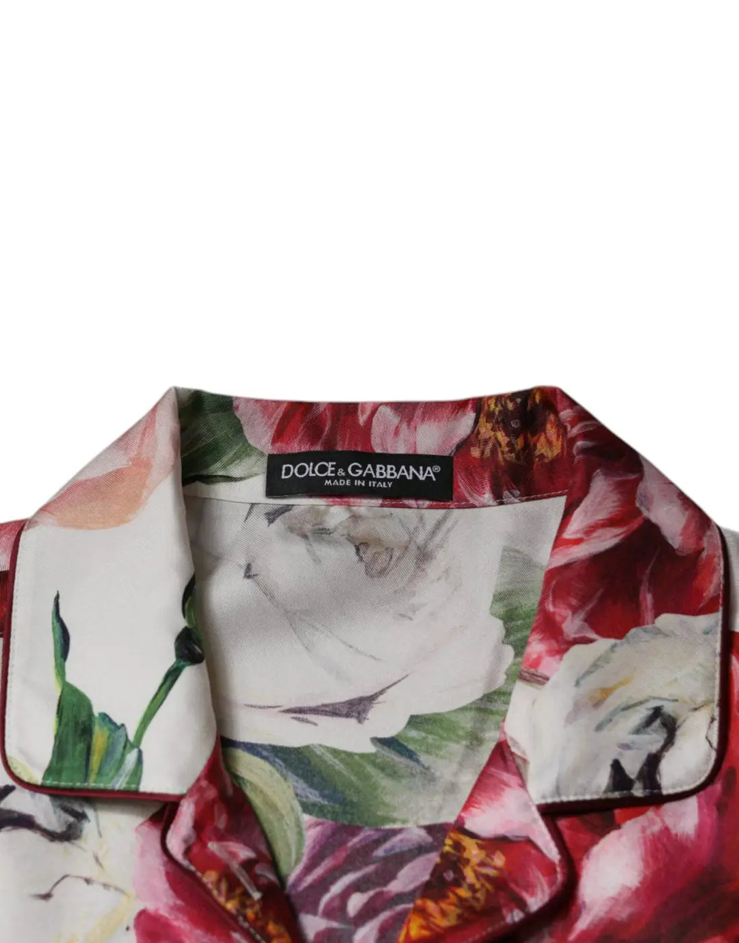 Dolce &amp; Gabbana White Peony Silk Long Sleeves Collared Blouse Top