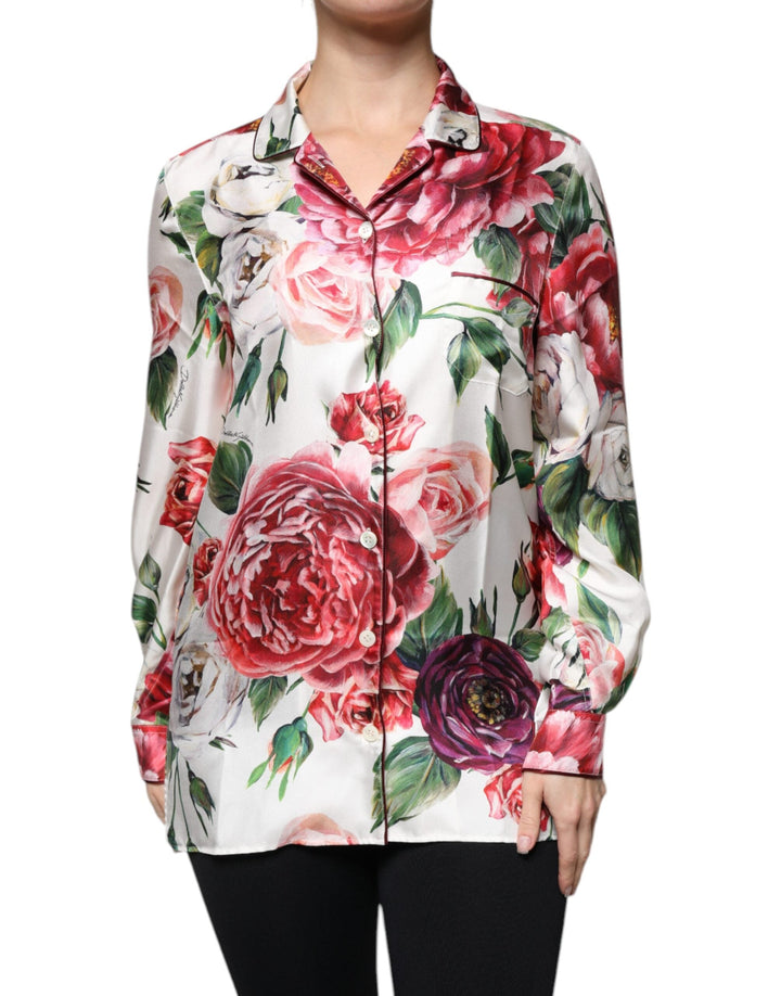 Dolce &amp; Gabbana Blouses - Women’s White Peony Silk Long Sleeves Collared Blouse Top
