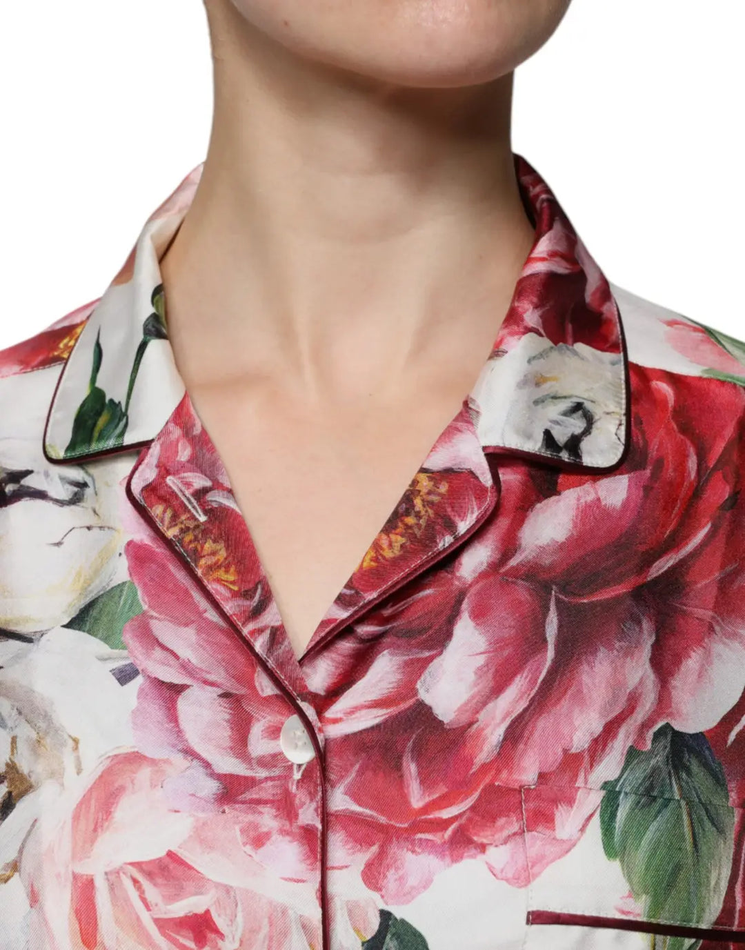 Dolce &amp; Gabbana White Peony Silk Long Sleeves Collared Blouse Top