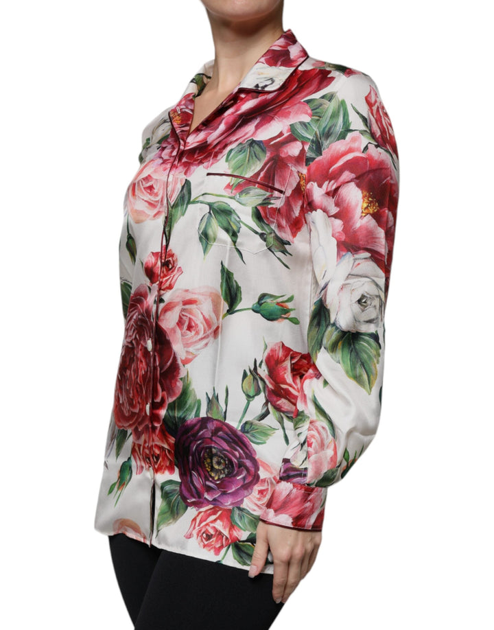 Dolce &amp; Gabbana Blouses - Women’s White Peony Silk Long Sleeves Collared Blouse Top