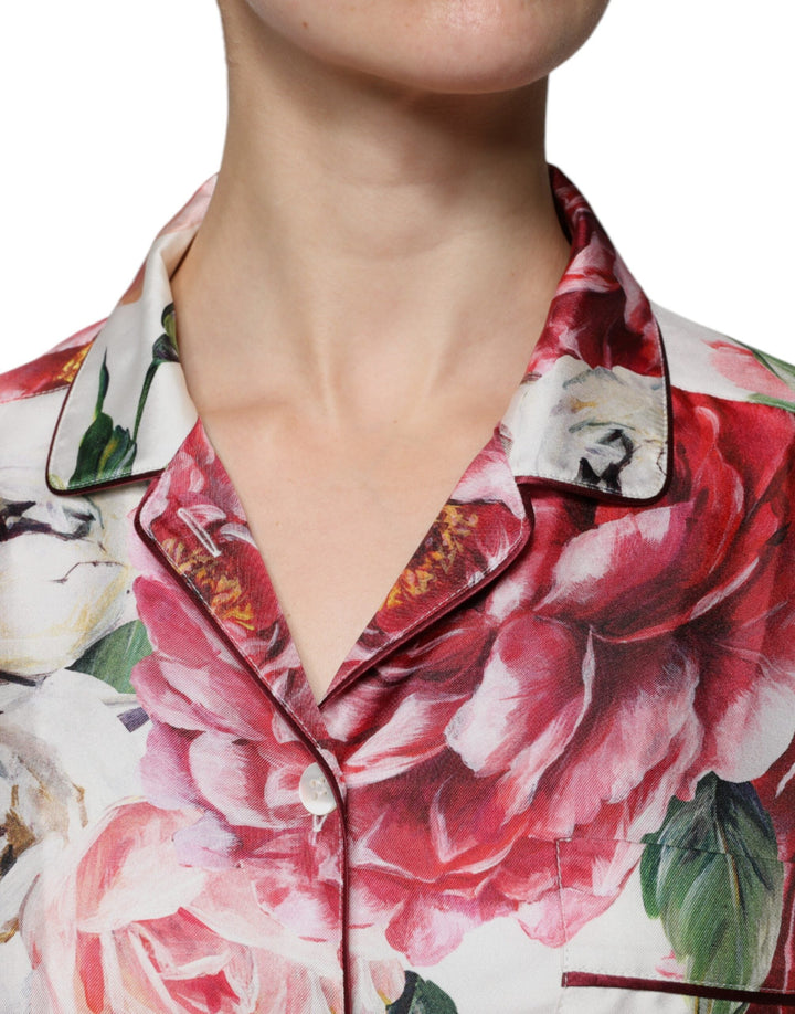 Dolce &amp; Gabbana Blouses - Women’s White Peony Silk Long Sleeves Collared Blouse Top