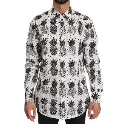 Dolce and Gabbana White Pineapple Cotton Shirt Authentic Luxury Style &