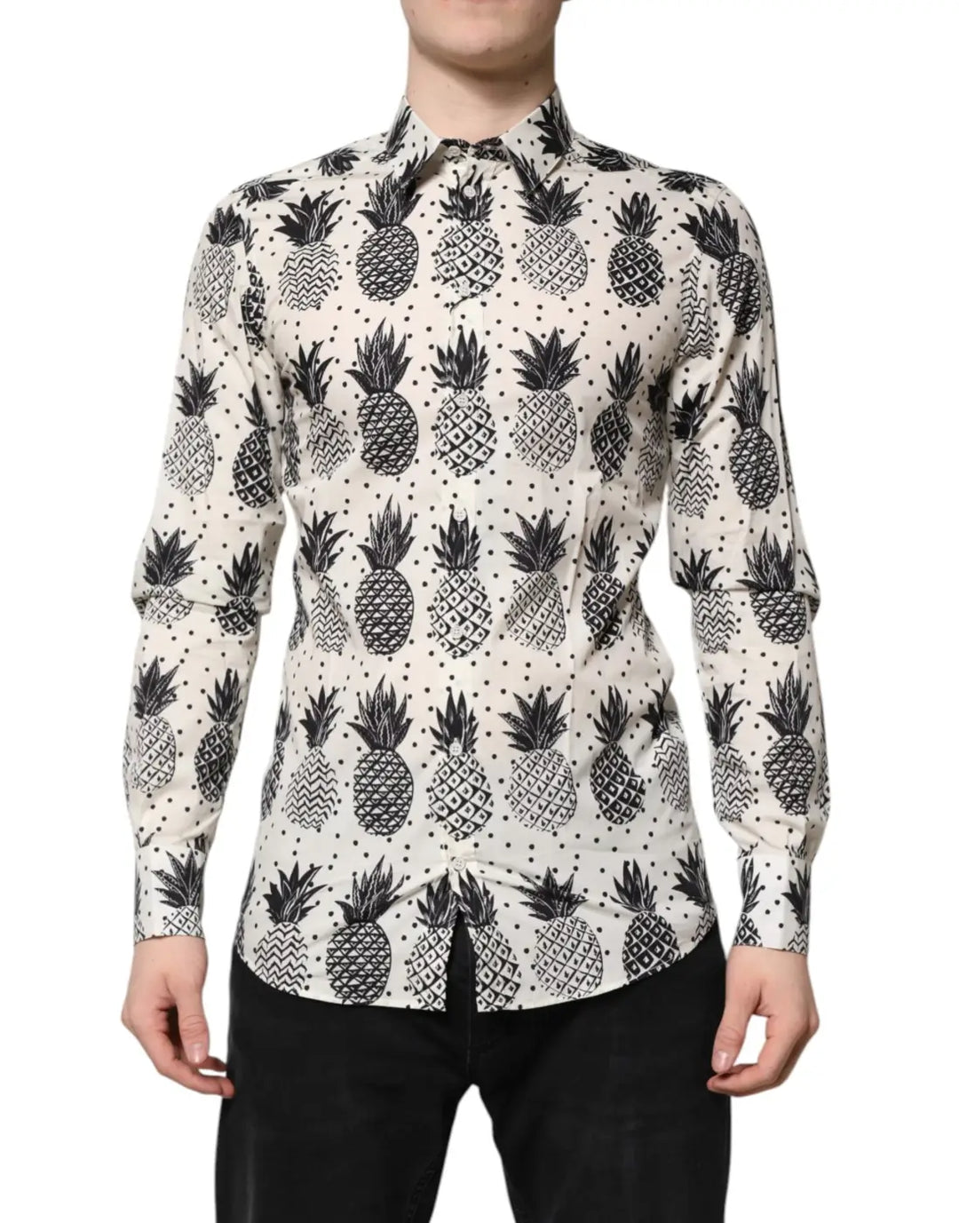Dolce &amp; Gabbana White Pineapple Print Long Sleeve GOLD Shirt