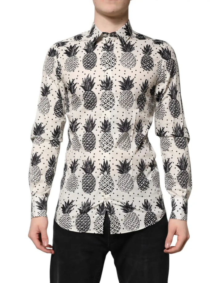 Dolce &amp; Gabbana White Pineapple Print Long Sleeve GOLD Shirt