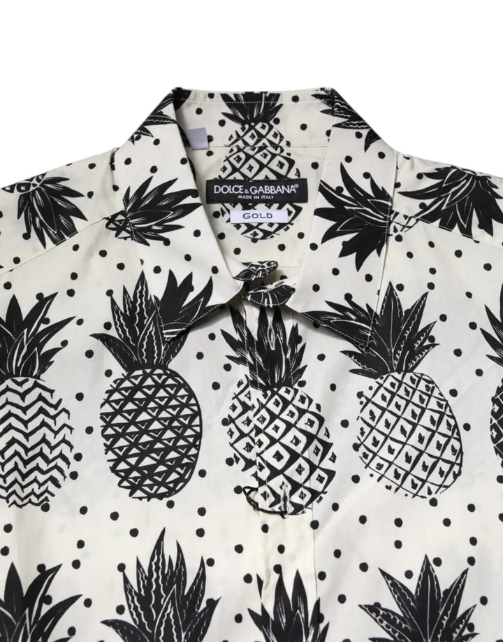 Dolce &amp; Gabbana White Pineapple Print Long Sleeve GOLD Shirt