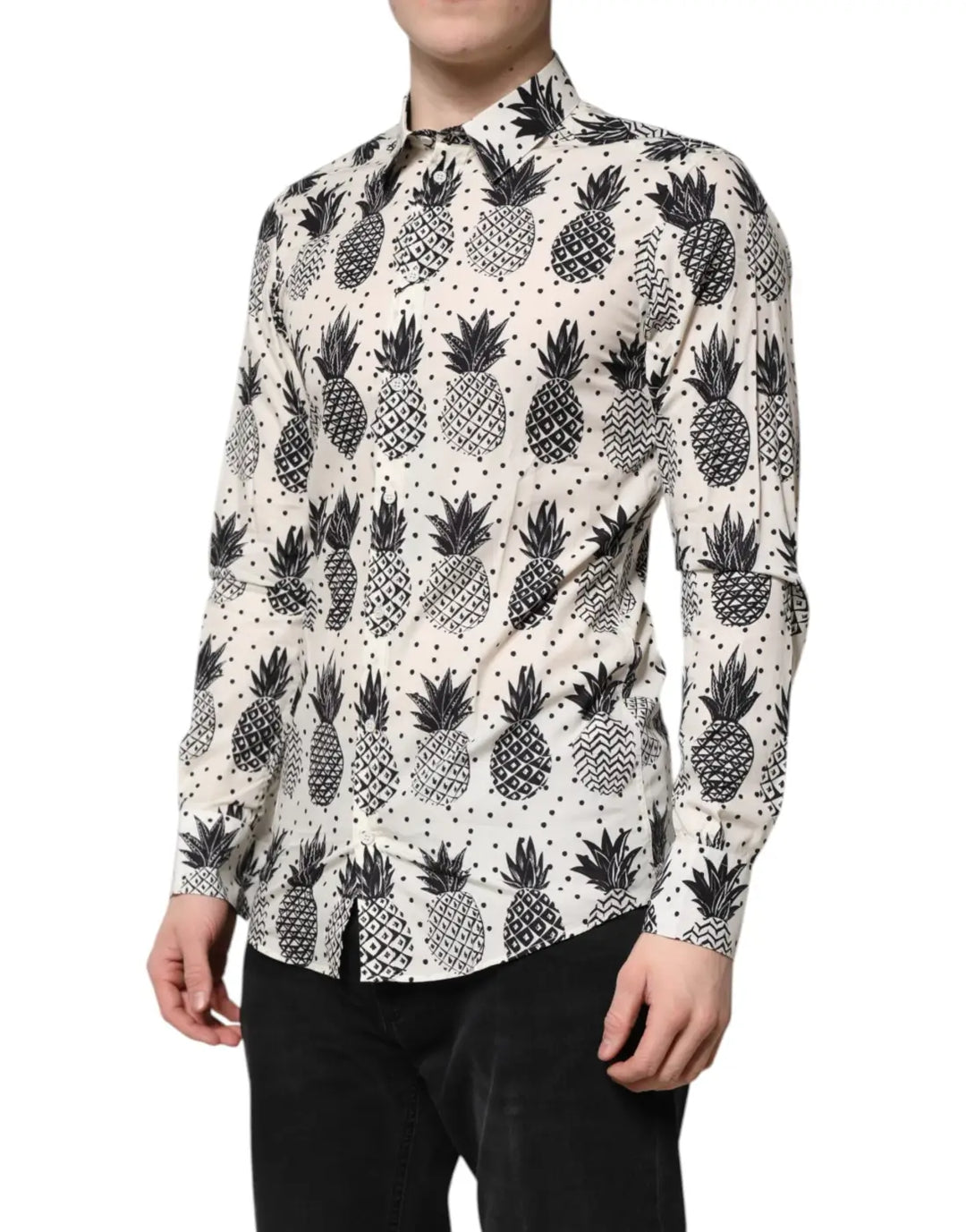 Dolce &amp; Gabbana White Pineapple Print Long Sleeve GOLD Shirt