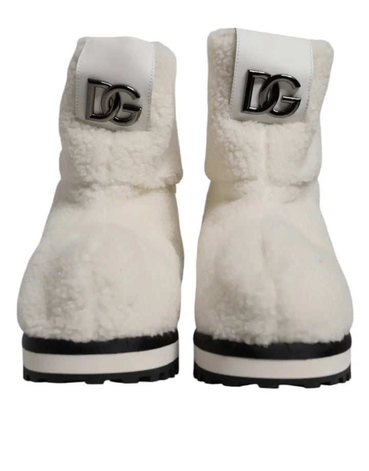 Dolce &amp; Gabbana White Plush Logo Padded Mid Calf Boots Shoes